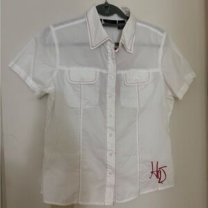Y2K Harley-Davidson White Button Down Shirt with Red Accents